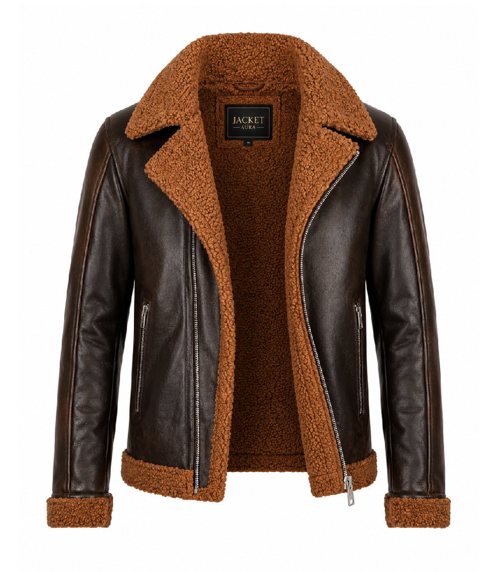 Men's Dark Brown Shearling Leather Jacket Front - Jacket Sura