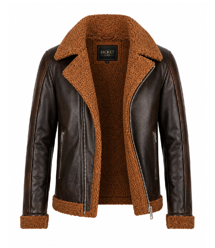 Men's Dark Brown Shearling Leather Jacket Front - Jacket Sura