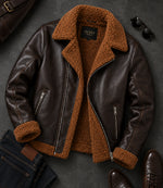 Men's Dark Brown Shearling Leather Jacket Front View - Jacket Aura