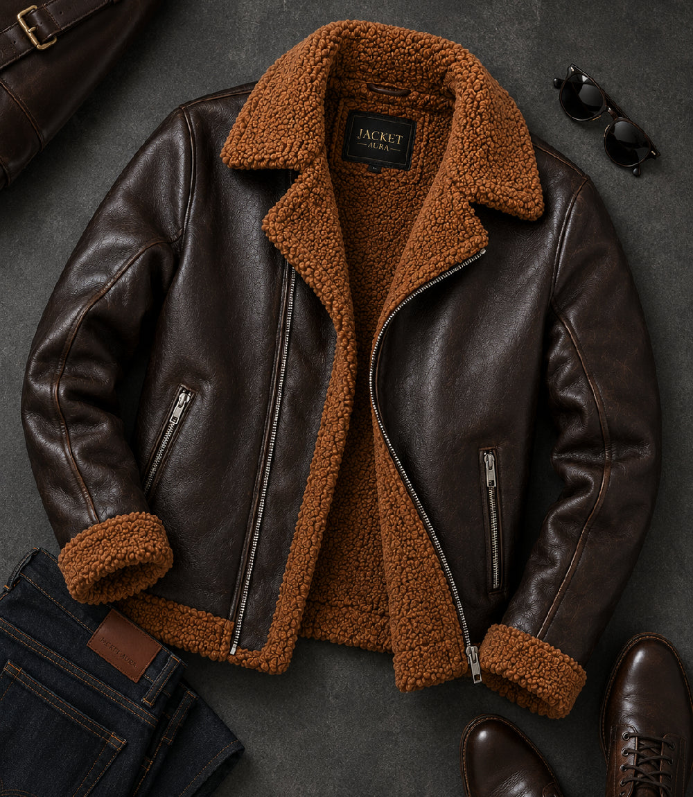 Men's Dark Brown Shearling Leather Jacket Front View - Jacket Aura
