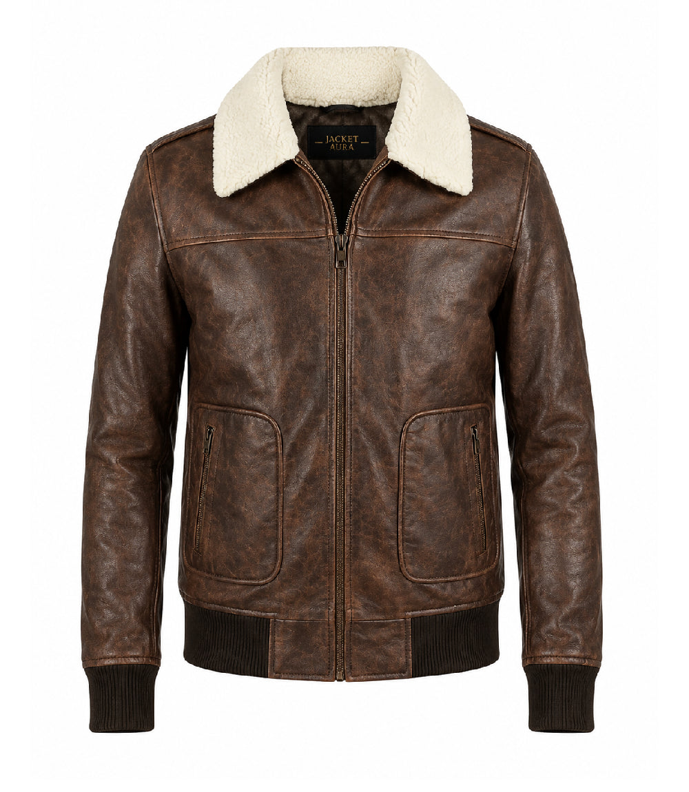 Men's Distressed Brown Aviator Leather Jacket - Jacket Aura