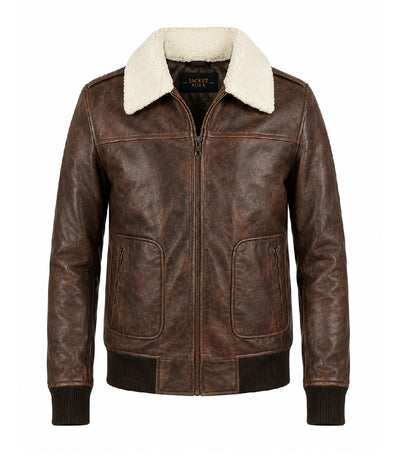 Men's Distressed Brown Aviator Leather Jacket - Jacket Aura