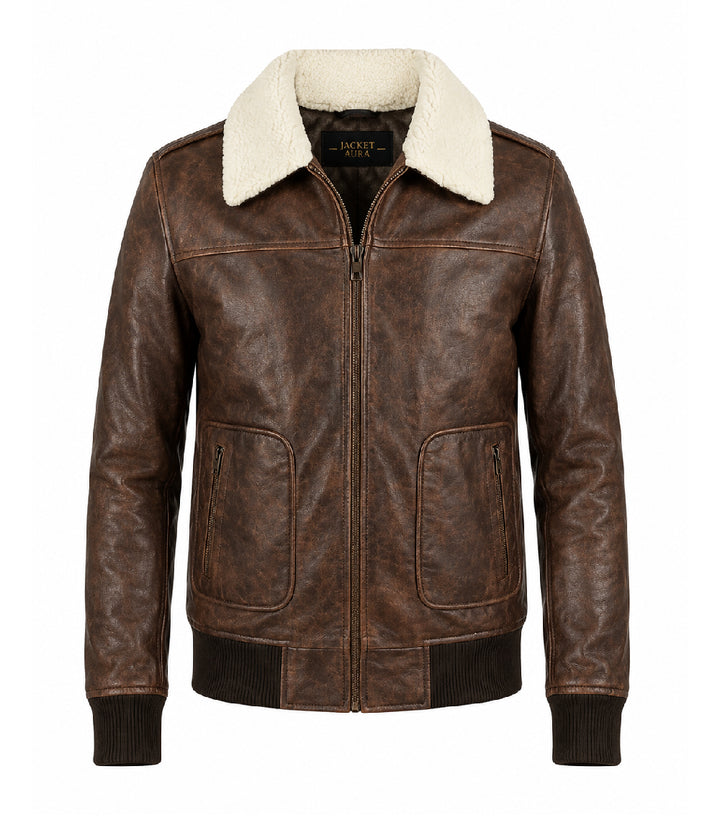 Men's Distressed Brown Aviator Leather Jacket - Jacket Aura