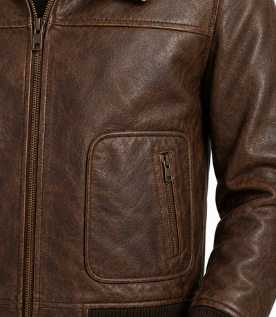 Men's Distressed Brown Aviator Leather Jacket Closeup - Jacket Aura