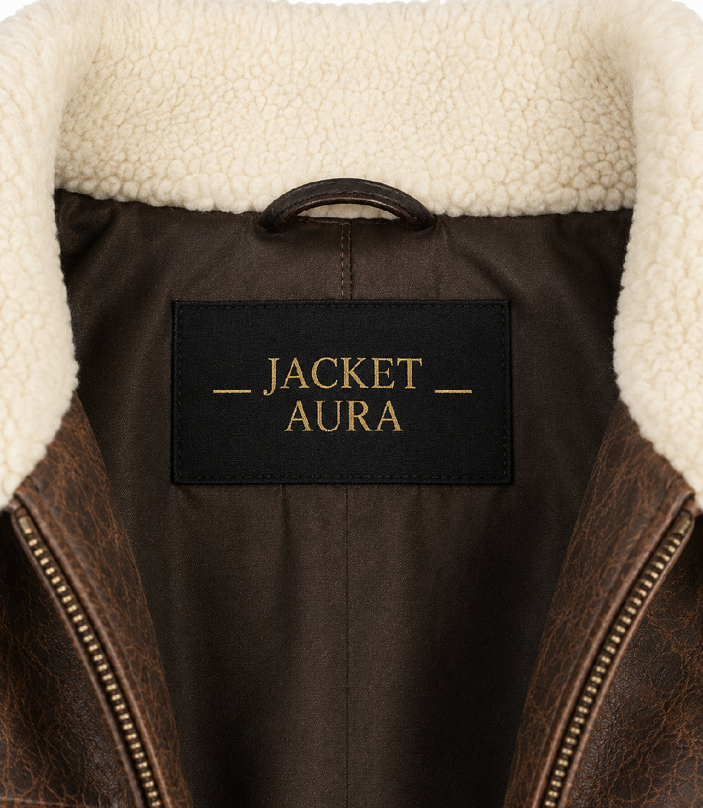 Men's Distressed Brown Aviator Leather Jacket Collar - Jacket Aura