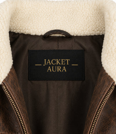 Men's Distressed Brown Aviator Leather Jacket Collar - Jacket Aura