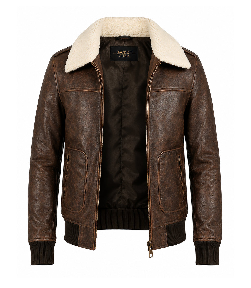 Men's Distressed Brown Aviator Leather Jacket Front - Jacket Aura