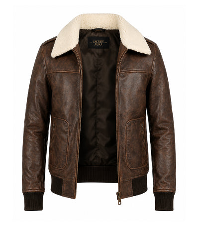 Men's Distressed Brown Aviator Leather Jacket Front - Jacket Aura