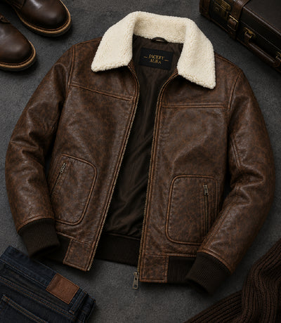 Men's Distressed Brown Aviator Leather Jacket Front View - Jacket Aura