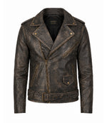Men's Distressed Brown Leather Biker Jacket - Jacket Aura