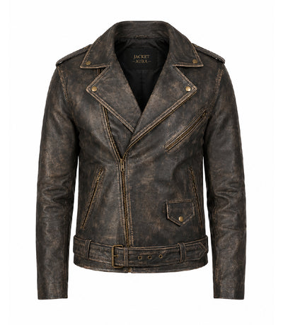 Men's Distressed Brown Leather Biker Jacket - Jacket Aura