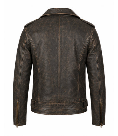 Men's Distressed Brown Leather Biker Jacket Back - Jacket Aura