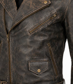 Men's Distressed Brown Leather Biker Jacket Closeup - Jacket Aura