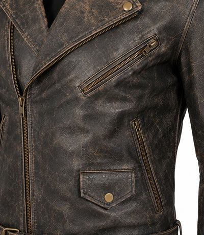 Men's Distressed Brown Leather Biker Jacket Closeup - Jacket Aura