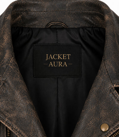 Men's Distressed Brown Leather Biker Jacket Collar - Jacket Aura
