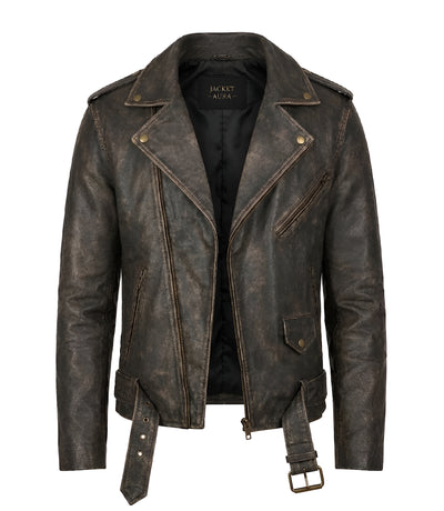 Men's Distressed Brown Leather Biker Jacket Front - Jacket Aura