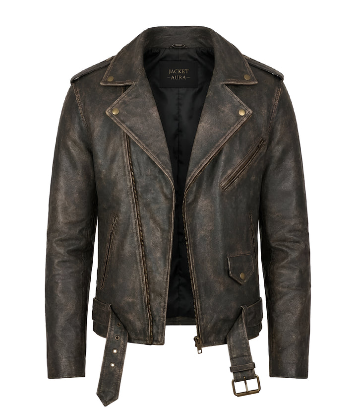 Men's Distressed Brown Leather Biker Jacket Front - Jacket Aura