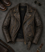 Men's Distressed Brown Leather Biker Jacket Front View - Jacket Aura