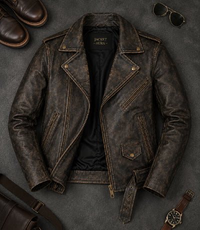 Men's Distressed Brown Leather Biker Jacket Front View - Jacket Aura