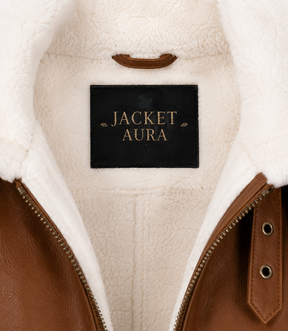 Men's Francis Brown Shearling Leather Jacket Collar - Jacket Aura
