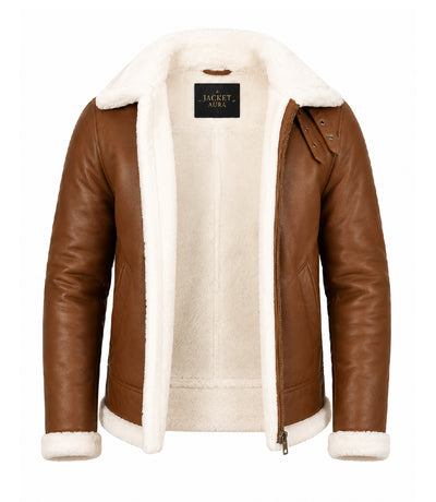 Mens Francis Brown Shearling Leather Jacket Front - Jacket Aura 