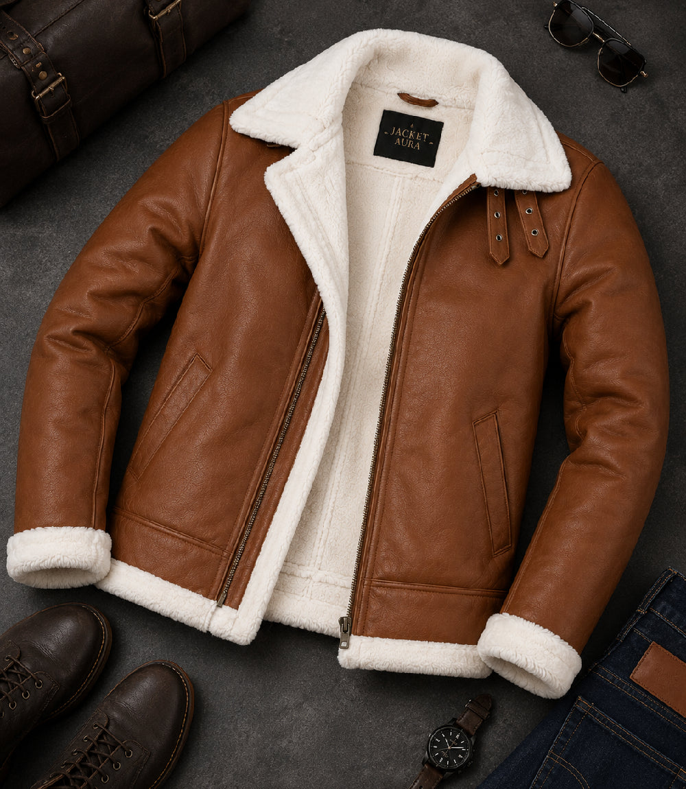 Men's Francis Brown Shearling Leather Jacket Front View - Jacket Aura