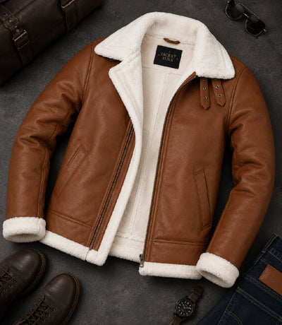 Men's Francis Brown Shearling Leather Jacket Front View - Jacket Aura