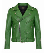 Men's Green Leather Biker Jacket - Jacket Aura