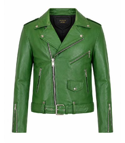 Men's Green Leather Biker Jacket - Jacket Aura