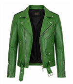 Men's Green Leather Biker Jacket Front  - Jacket Aura
