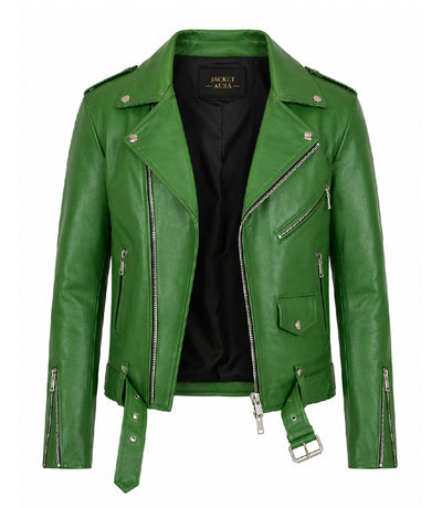 Men's Green Leather Biker Jacket Front  - Jacket Aura