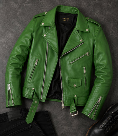 Men's Green Leather Biker Jacket Front View  - Jacket Aura