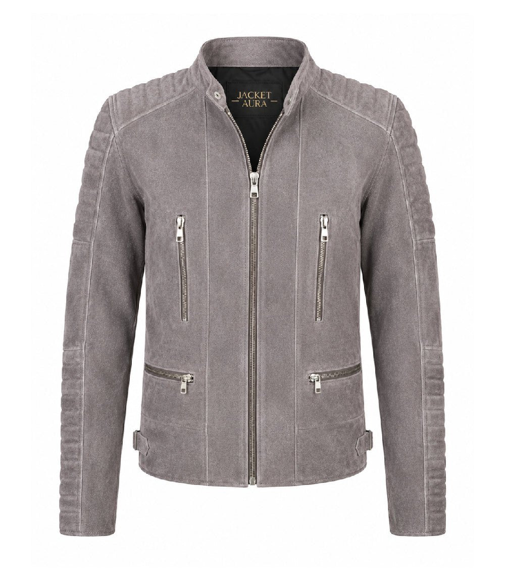 Men's Grey Suede Biker Jacket - Jacket Aura