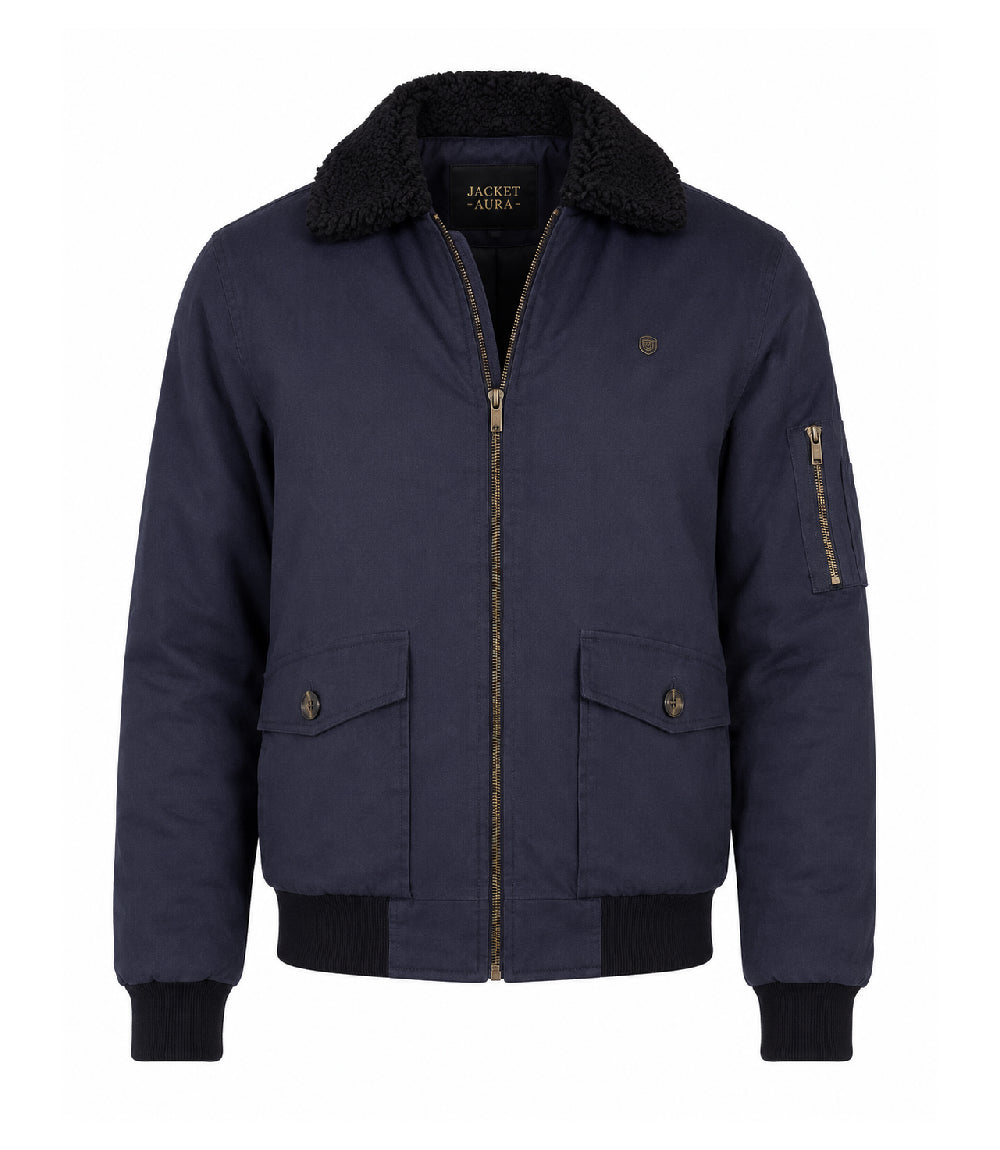 Men's Navy Blue Cotton Sherpa Collar Aviator Jacket - Jacke Aura