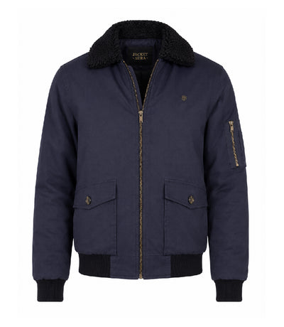 Men's Navy Blue Cotton Sherpa Collar Aviator Jacket - Jacke Aura