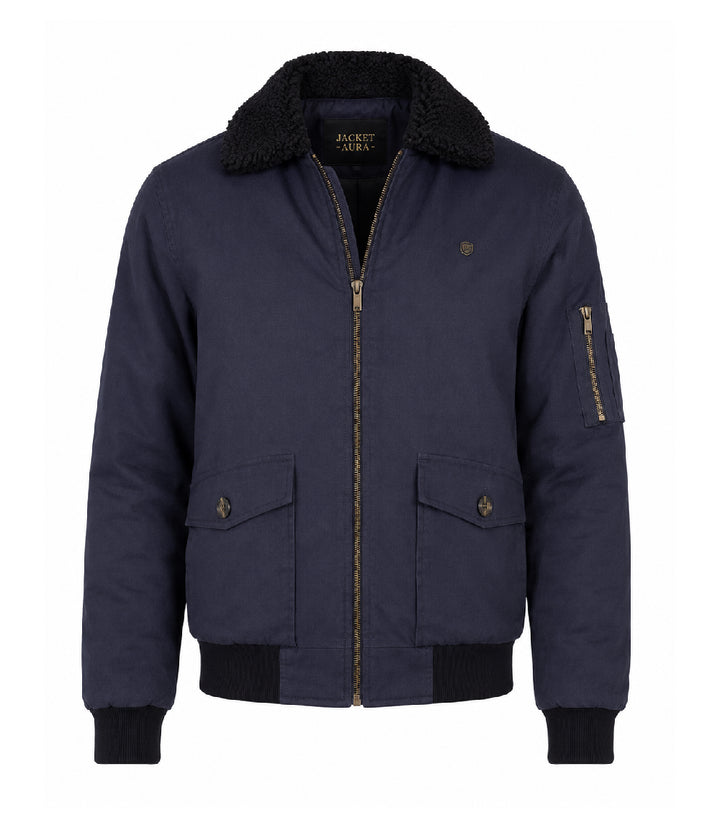 Men's Navy Blue Cotton Sherpa Collar Aviator Jacket - Jacke Aura