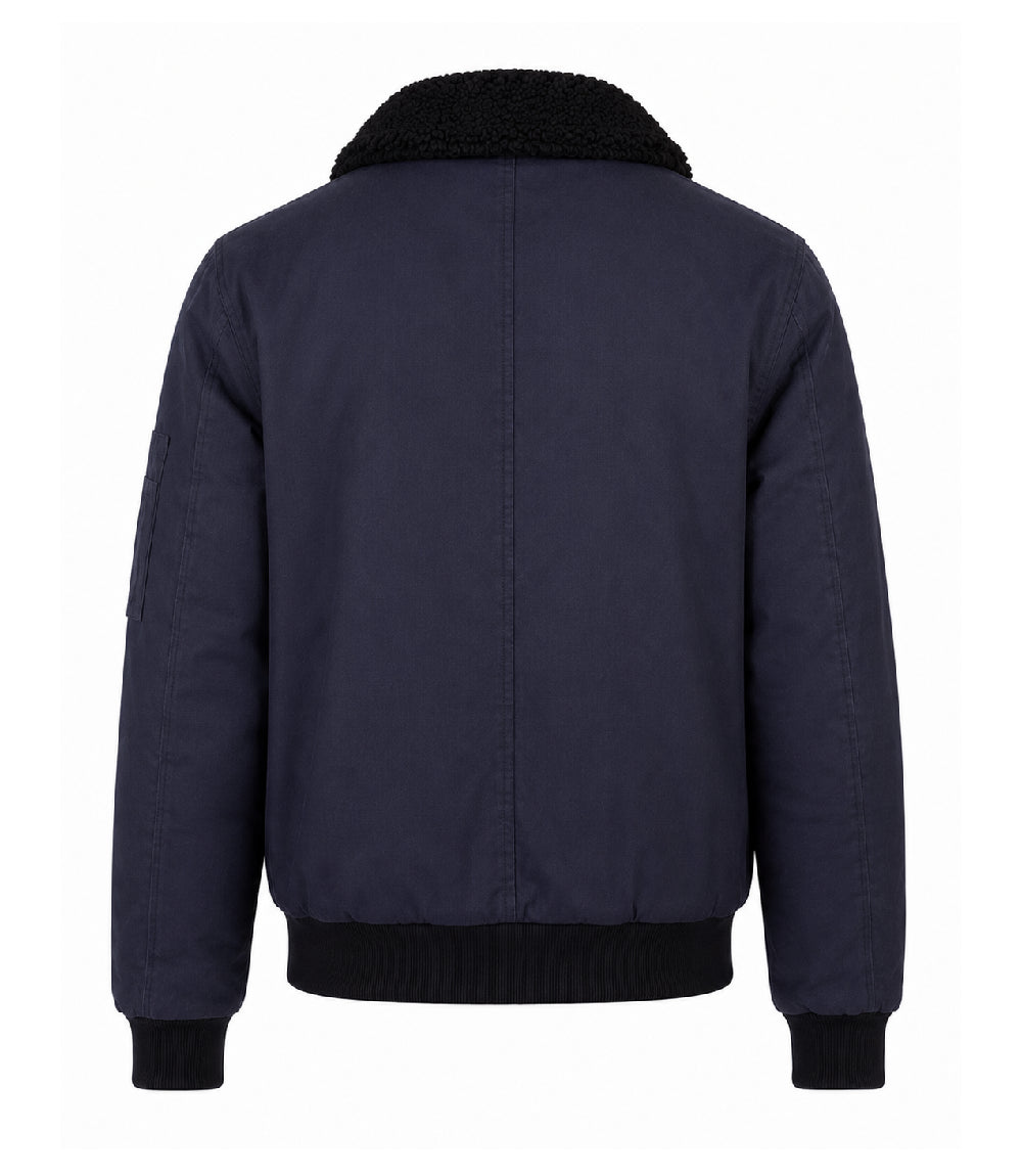 Men's Navy Blue Cotton Sherpa Collar Aviator Jacket Back - Jacket Aura
