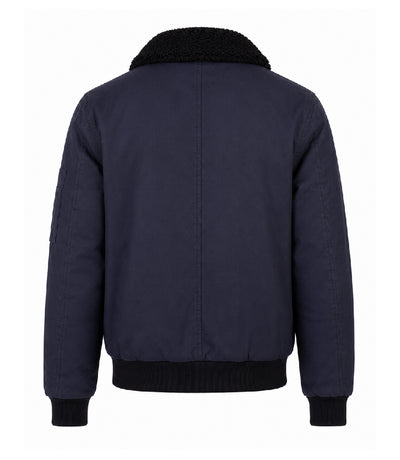 Men's Navy Blue Cotton Sherpa Collar Aviator Jacket Back - Jacket Aura