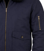 Men's Navy Blue Cotton Sherpa Collar Aviator Jacket Closeup - Jacket Aura