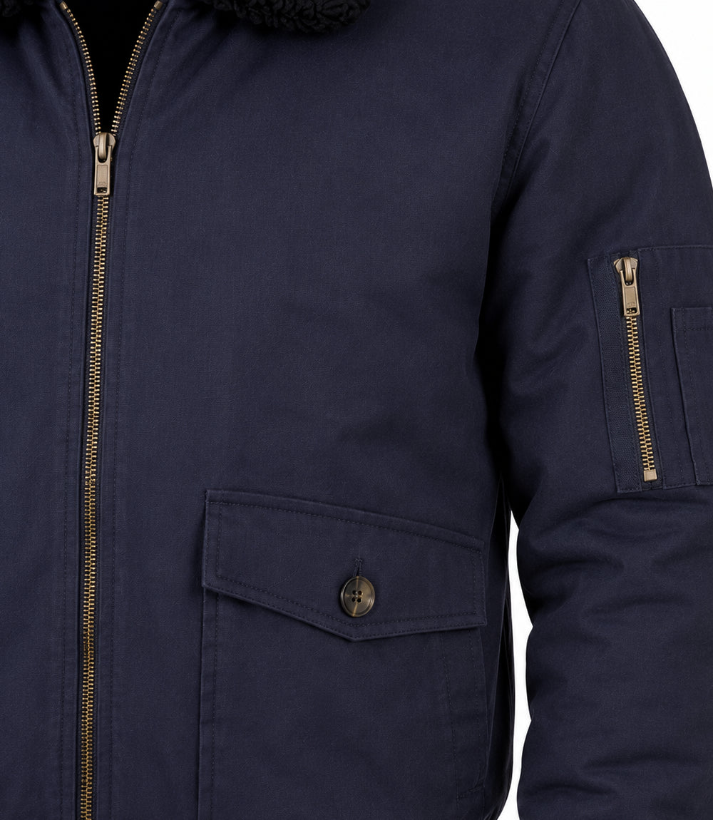Men's Navy Blue Cotton Sherpa Collar Aviator Jacket Closeup - Jacket Aura