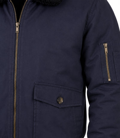Men's Navy Blue Cotton Sherpa Collar Aviator Jacket Closeup - Jacket Aura