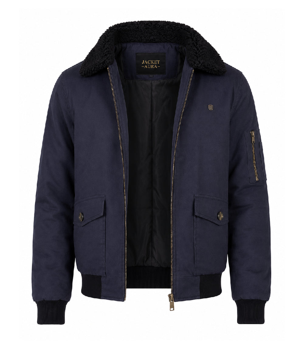 Men's Navy Blue Cotton Sherpa Collar Aviator Jacket Front  - Jacket Aura