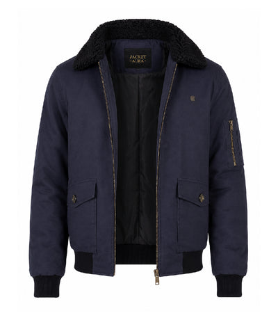 Men's Navy Blue Cotton Sherpa Collar Aviator Jacket Front  - Jacket Aura