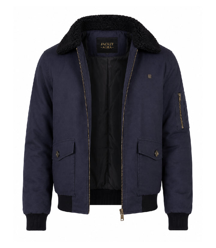 Men's Navy Blue Cotton Sherpa Collar Aviator Jacket Front  - Jacket Aura