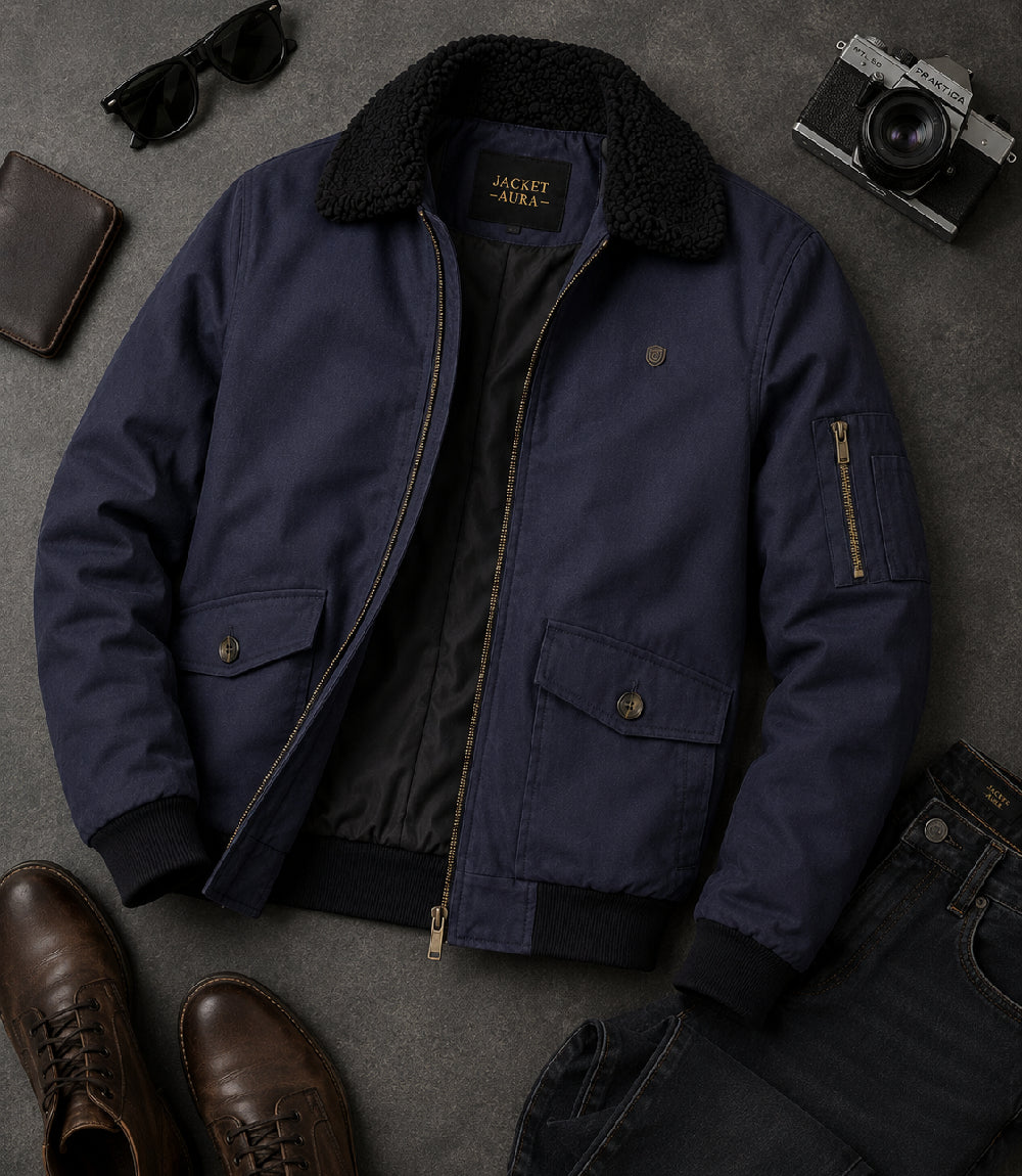 Men's Navy Blue Cotton Sherpa Collar Aviator Jacket Front View  Jacket Aura