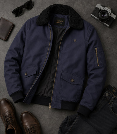 Men's Navy Blue Cotton Sherpa Collar Aviator Jacket Front View  Jacket Aura