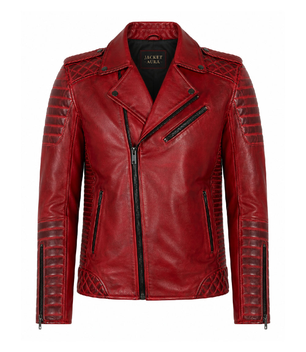 Men's Red Quilted Leather Biker Jacket - Jacket Aura