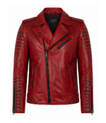 Men's Red Quilted Leather Biker Jacket - Jacket Aura