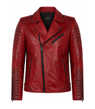 Men's Red Quilted Leather Biker Jacket - Jacket Aura