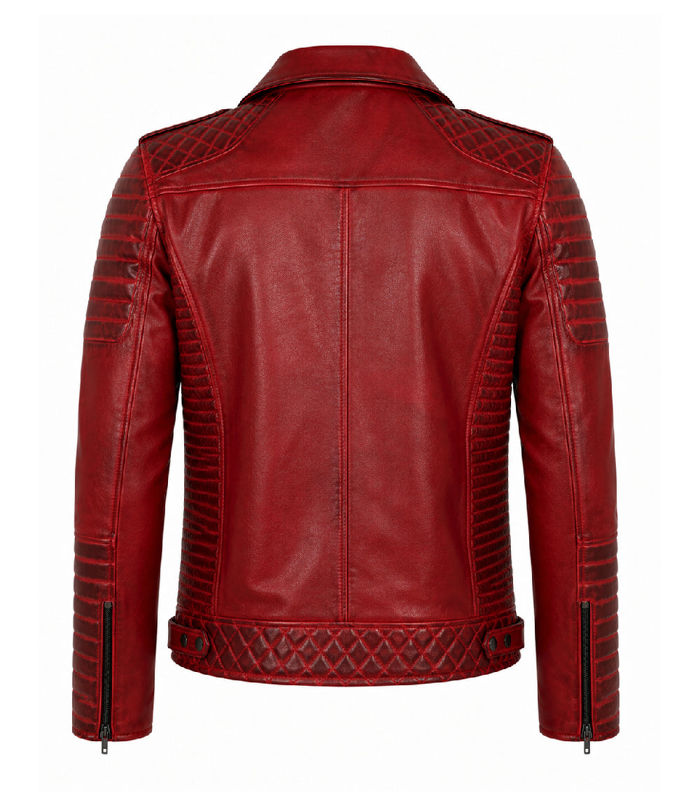Men's Red Quilted Leather Biker Jacket Back - Jacket Aura